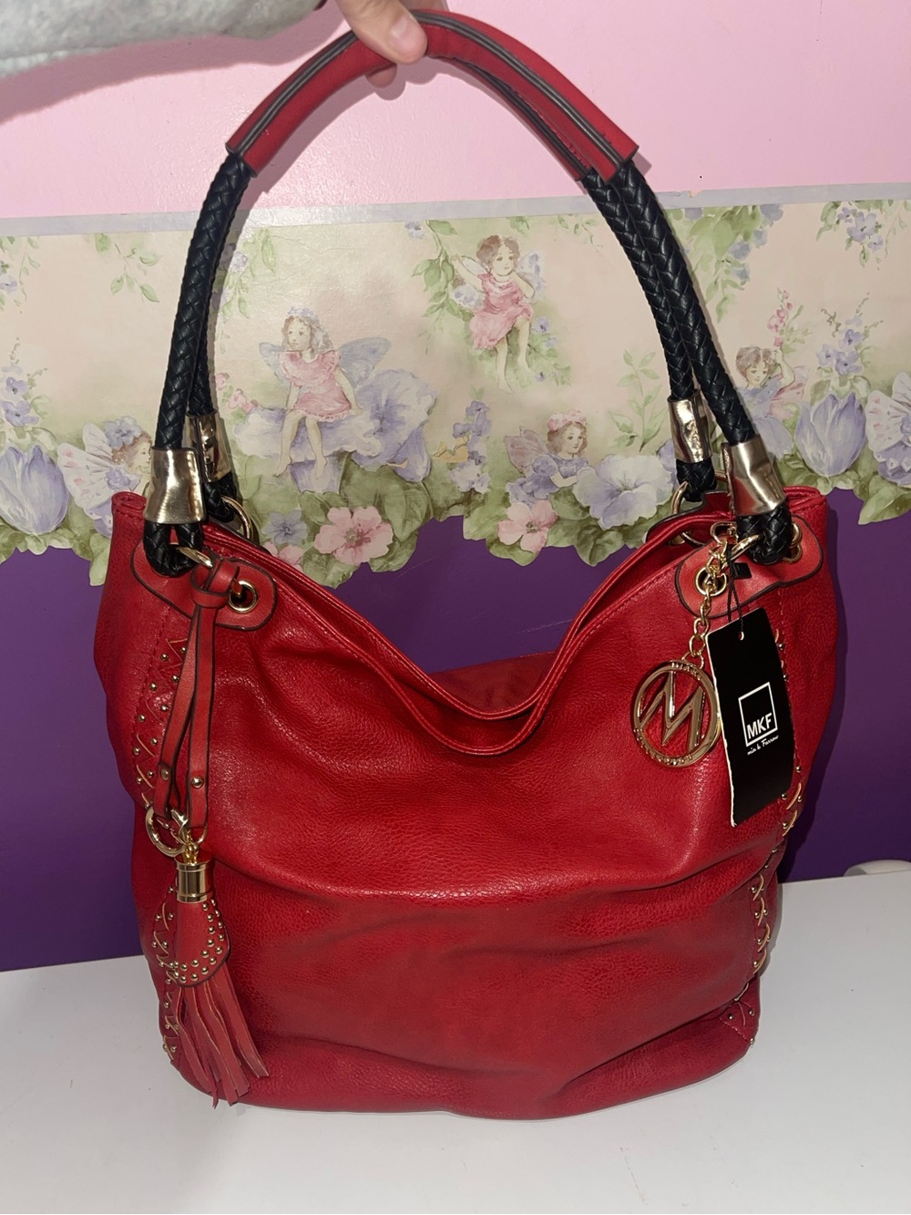 NWT MKF Collection by Mia K. Red Vegan Leather Hobo Shoulder Bag Tassel